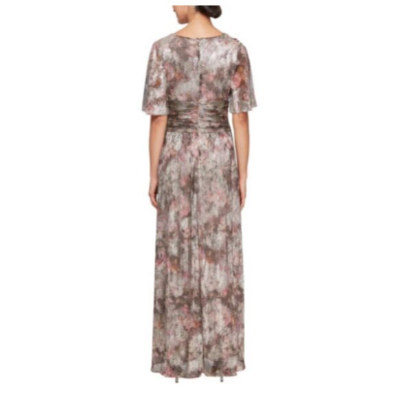 Long Metallic Knit Surplice Dress with Ruched Waist & Flutter Sleeves - Picture 2 of 5